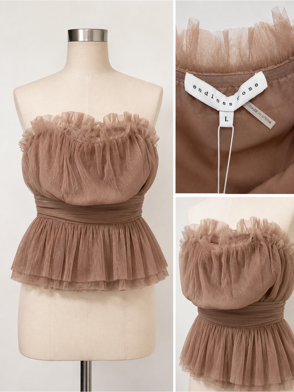 Endless Rose Taupe Ruffle Strapless Peplum Top – Size L